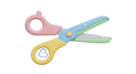 A cute 3d render illustration of colorful children's scissors with a heart cutout design