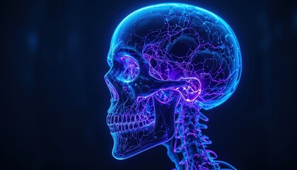 Stunning anatomical skull with glowing neural networks in electric blue light, perfect for medical, science, or technology projects needing a modern edge