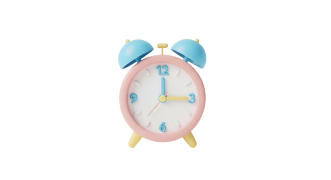 A cute pastel pink alarm clock with light blue bells and yellow details - Powered by Adobe