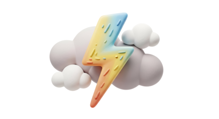 Vibrant rainbow lightning bolt icon with puffy clouds in a stylized 3d render