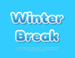 Vector Event poster Winter Break. Cute Blue Font. Kids Rounded Alphabet Letters and Numbers set.