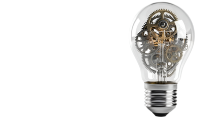 A complex system of spinning gears and cogs inside a clear glass light bulb against a black background