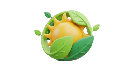 A green leaf circle protects the sun, symbolizing renewable energy and environmental care.