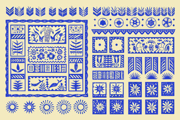 Intricate blue and white decorative patterns and motifs arranged in a grid