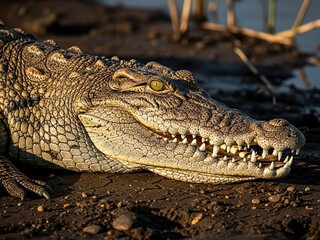 Fototapeta premium Close-up of a crocodile's head and jaws on dry land