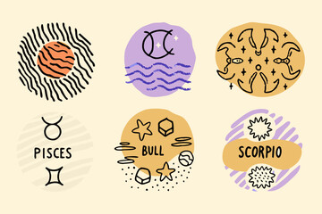 Colorful zodiac signs illustration with whimsical designs and astrological symbols