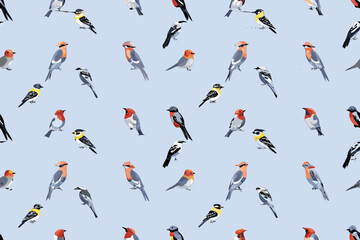 A vibrant pattern of colorful birds in flight against a light blue background