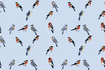 A colorful pattern of various bird silhouettes against a light blue backdrop