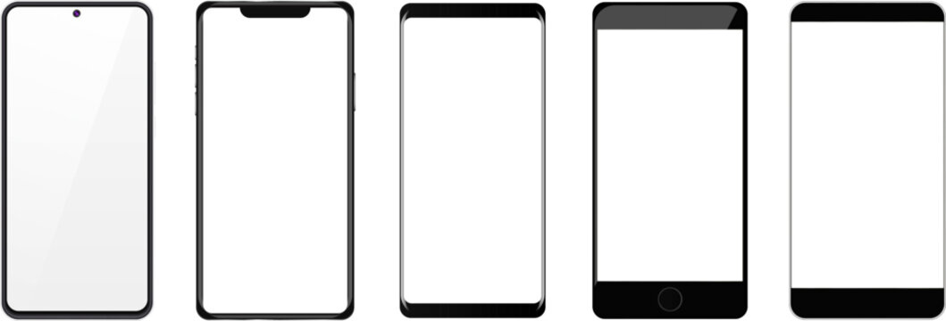 Realistic Smartphone Mockup Set, Mobile Phone Blank Screen Vector Collection