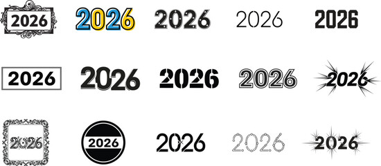 Multiple 2026 calendar stamps and design elements isolated on white