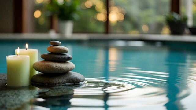 Calm zen spa setting for peaceful relaxation, stone stack showing perfect balance with candle in calm water