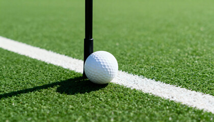 Close-up of a white golf ball and black putter on green artificial grass. Golfing equipment on a putting green with a white line. Sport concept