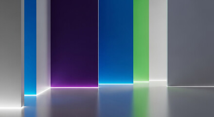 A Futuristic Corridor of Colorful Panels Illuminated by Glowing Neon Light from a Reflective Floor.