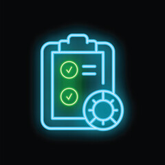 Glowing neon icon representing a clipboard with a completed checklist and a settings gear, symbolizing project management