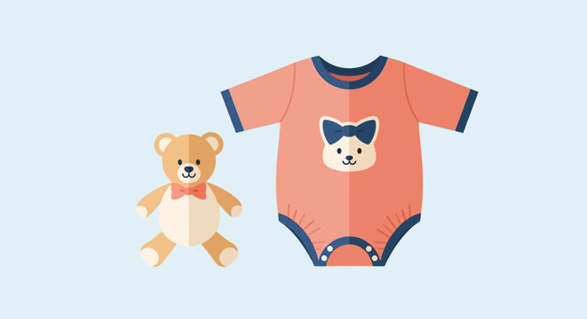 Illustration of a pink baby onesie with a teddy bear graphic next to a teddy bear toy against a light blue background
