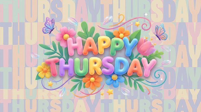 Words &lsquo;HAPPY THURSDAY&rsquo; decorated with flowers, butterflies, and fresh leaves, arranged in a cheerful uplifting composition