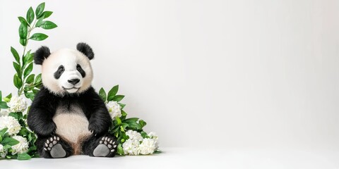  cute panda sits among white flowers and green leaves against a clean backdrop, exuding a playful yet serene vibe.