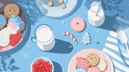Fototapeta premium Christmas cookies and milk, flat design cozy home scene with complementary color scheme, top view