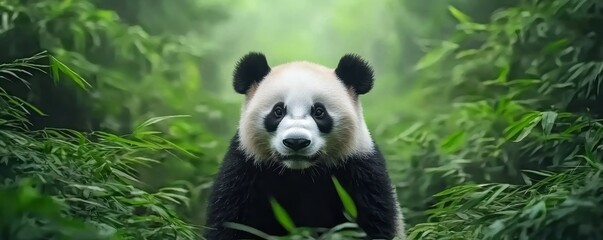 Obraz premium serene panda stands amidst lush greenery, embodying tranquility and the beauty of nature in its natural habitat.