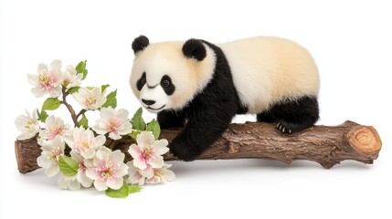 Obraz premium cute panda sits on a log surrounded by delicate cherry blossoms, showcasing its playful nature and the beauty of nature.