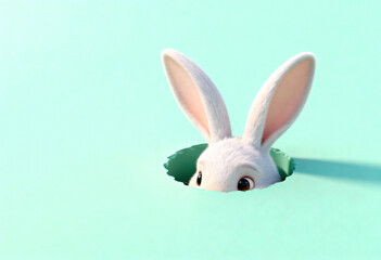 Obraz premium A cute white rabbit peeking out of a hole on a minimal green background. Curious easter bunny illustration. Happy Easter concept with copy space for text