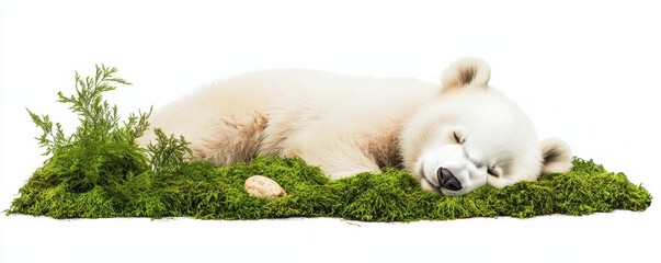  sleeping polar bear cub rests peacefully on a bed of soft moss, surrounded by greenery, embodying tranquility and nature's beauty.