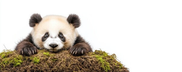  cute panda rests on a mossy surface, showcasing its distinct black and white fur against a bright background.