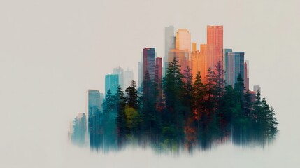 Obraz premium A surreal blend of towering skyscrapers and lush forests, illustrating the harmony between urban life and nature.