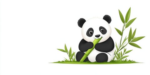  cute cartoon panda sitting on grass, happily eating bamboo surrounded by lush green leaves.