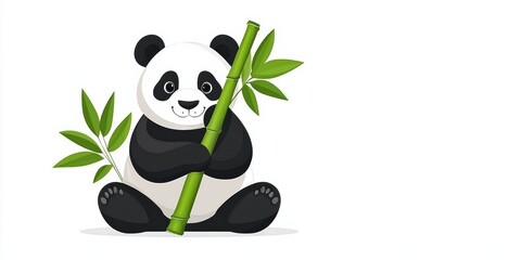 cute cartoon panda holding bamboo, sitting comfortably with a playful expression, surrounded by green leaves.