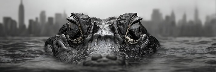 A dramatic close-up of a crocodile's eyes above water, contrasting against a city skyline in the background, creating a striking urban wildlife scene.