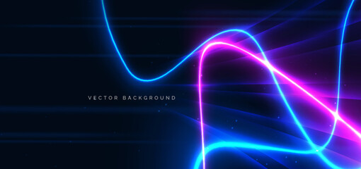 Blue and pink neon wave lines glowing on dark background. Technology futuristic lighting effect concept.