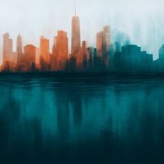 A stylized city skyline with a gradient of warm and cool colors reflecting on water.