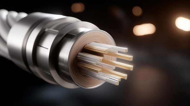 A submarine fiber cable segment displayed in a research lab, cross-section showing layers of steel, insulation, and optical fibers &mdash; global communication, undersea infrastructure, and