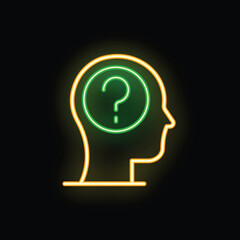 Neon style icon of a human head with a question mark inside, representing thinking and problem solving