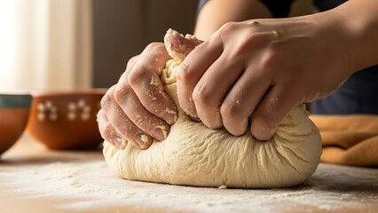 Close-up of artisan baker kneading dough in preparation for baking bread