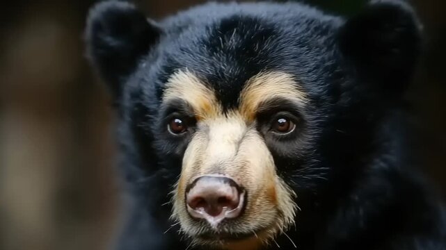 Close-up portrait of a stunning black bear with a distinctive facial marking, showcasing its wild beauty