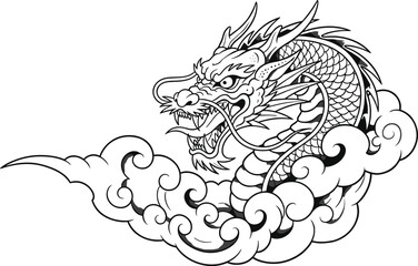 Fierce traditional Asian dragon head and long body rising from stylized clouds, illustrated in a dramatic, detailed black-and-white vector design for mythology and culture.