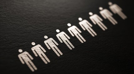 Row of identical silver human figures on a textured black background