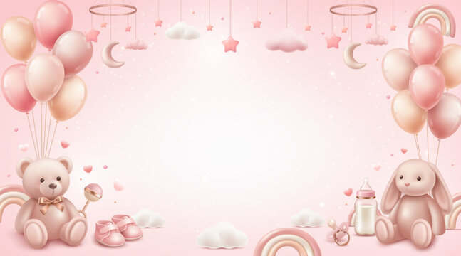 Baby Shower Frame Background with Copy Space and Cute Teddy Bear