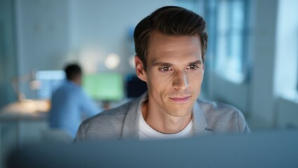 Male software engineer concentrating at monitor in modern collaborative office