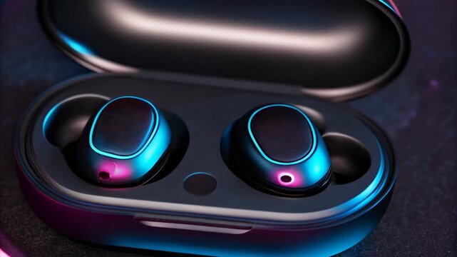 Wireless earbud charging case black blue pink modern technology accessory illuminated futuristic audio music portable electronic compact stylish neon