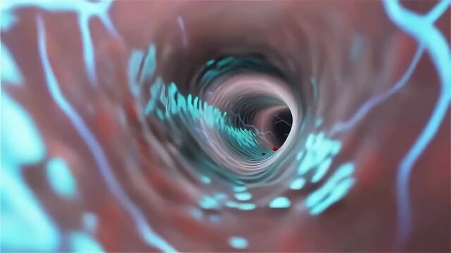 A closeup view inside a blood vessel depicting flowing blood.
