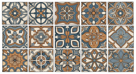 Fifteen square tiles in blue brown and beige with symmetrical floral and geometric designs arranged in a 3x5 grid