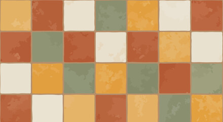 Tile flooring with alternating square tiles in colors like yellow orange cream green and brown