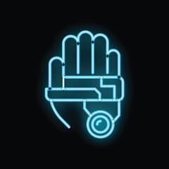 Obraz premium Neon sign illustrating the concept of robotics and automation with a robotic hand connected to a computer system