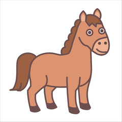 Brown horse standing cartoon isolated on white background.Farm animal.Cute character or mascot.Flat design.Happy New Year of the Horse 2026.Graphic.Sign, symbol, icon and logo.Vector illustration.