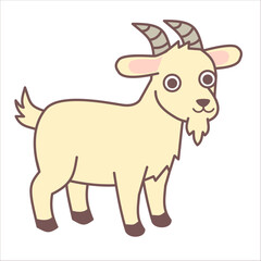 Cute goat with horn cartoon isolated on white background.Character or mascot.Domestic farm animal.Sign, symbol, icon and logo.Wildlife and zoo.Clipart.Graphic.Flat design.Vector illustration.