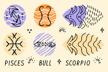 Stylized illustrations of fish and zodiac signs pisces bull and scorpio