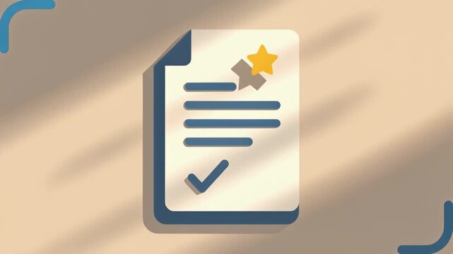 Folded document with yellow star, blue lines, and checkmark on beige background